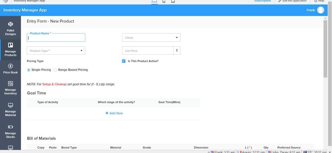 Inventory Manager new product entry form